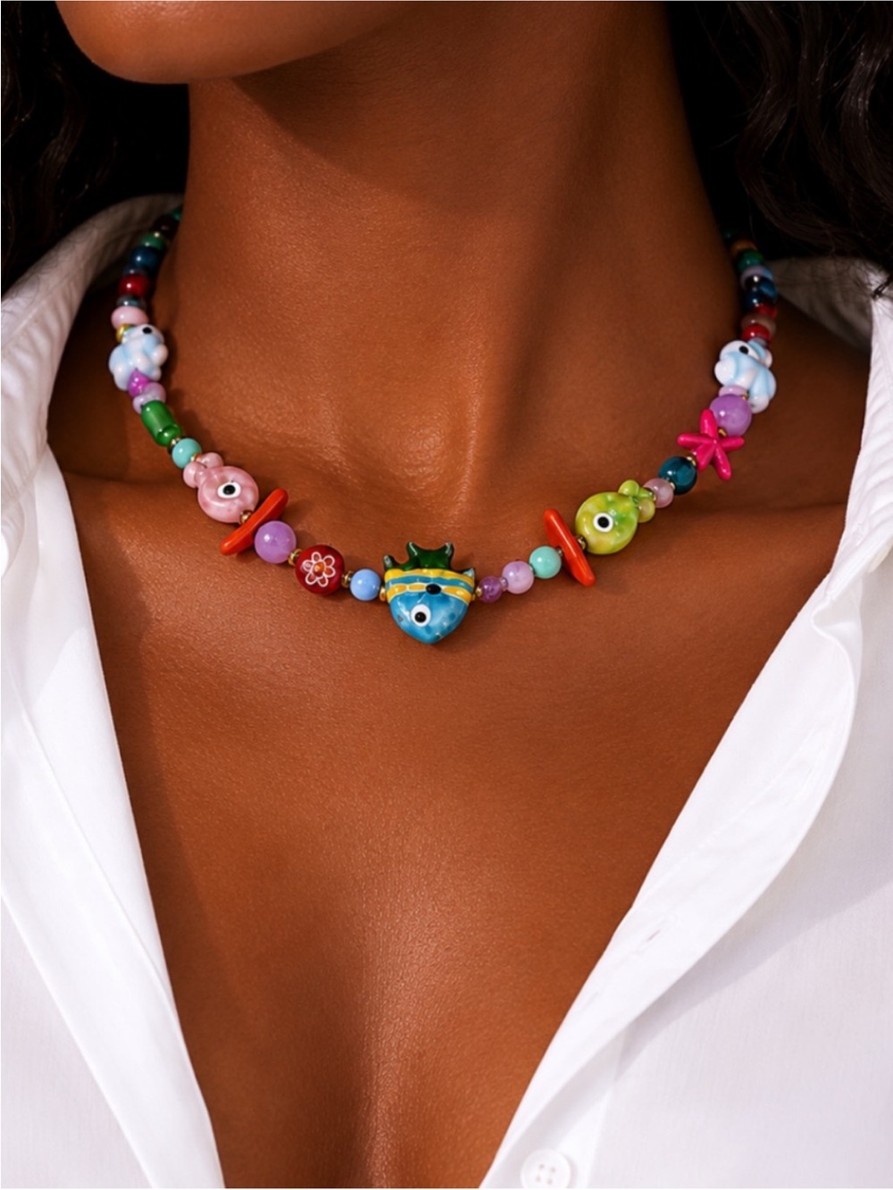 New! Coastal Ceramic Beaded Fish Necklace NWOT 5015